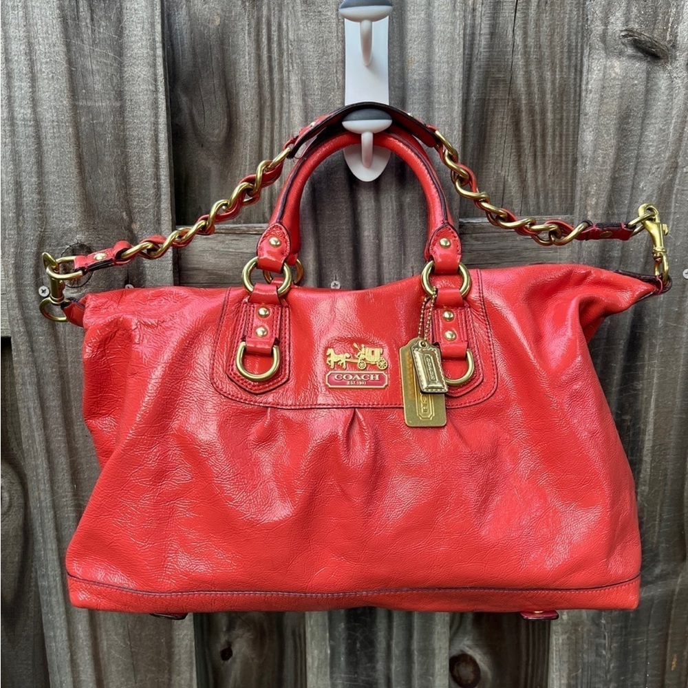 Coach Sabrina Large Satchel in Coral patent leather